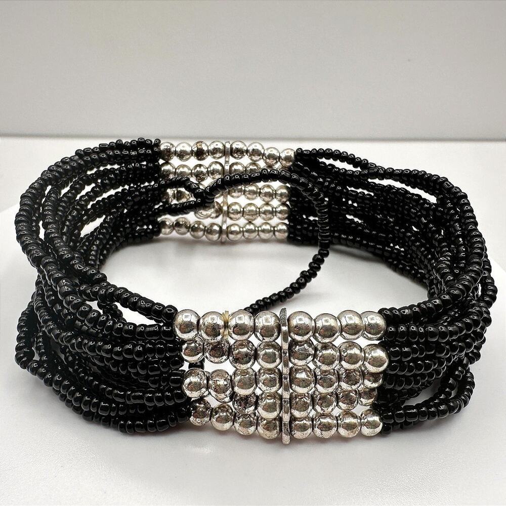 Vintage Y2K Black Beaded Multi-Strand Bracelet Silver Tone Statement Jewelry